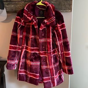 Isaac Mizrahi Live Faux Fur Coat Plaid Burgundy and Pink